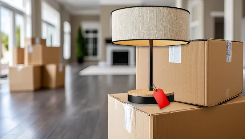 Downsizing Living Room in a large house packed with boxes for moving out